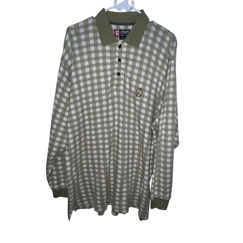 Vintage Chaps By Ralph Lauren Men's Green Gingham Long Sleeve Polo Shirt Large